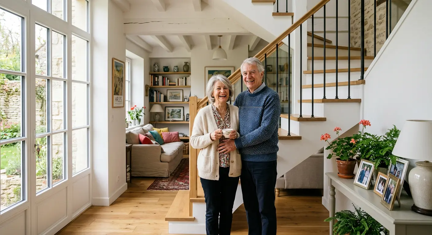 Couple senior souriant dans leur maison lumineuse