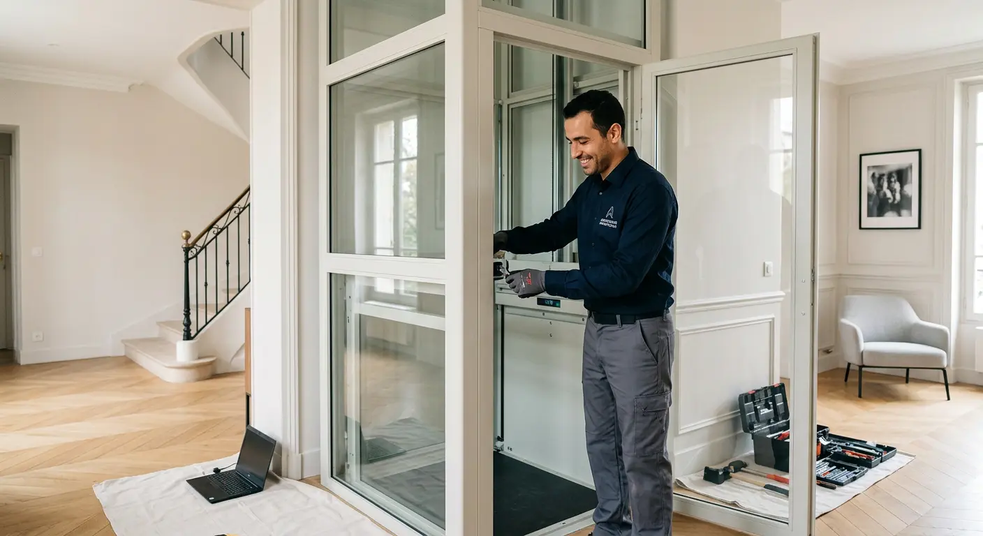 Technicien professionnel installant un élévateur privatif